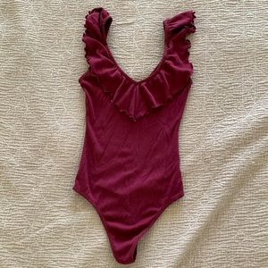 Aritzia Burgundy Bodysuit with Ruffle Neckline